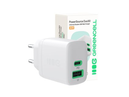 GreenCell Napájecí adaptér PowerSource Duo30, USB-C + USB-A, 30W, bílá