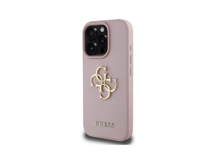 Guess PU 4G Metal Logo Zadní Kryt pro iPhone 15 Pro Růžová