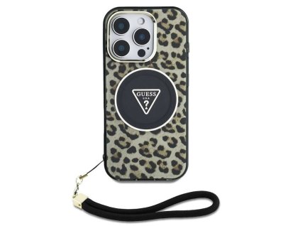 Guess IML Leopard Triangle Logo Strap MagSafe Zadní Kryt pro iPhone 16 Pro Hnědá