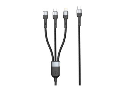 DeTech DE-51CCL datový kabel, 3v1, Type-C na 2x Type-C, Lightning, 1.0m - černá