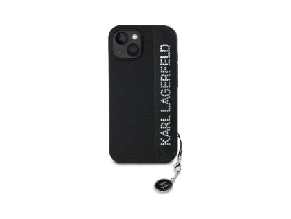Karl Lagerfeld PU Saffiano Rhinestone Charm Zadní Kryt pro iPhone 15 Černá