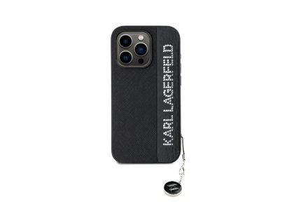 Karl Lagerfeld PU Saffiano Rhinestone Charm Zadní Kryt pro iPhone 15 Pro Černá