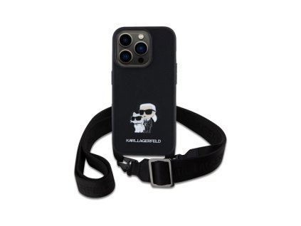 Karl Lagerfeld Saffiano Crossbody Popruh Metal Karl and Choupette Zadní Kryt pro iPhone 15 Pro Černá