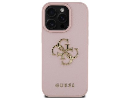 Guess PU Grained 4G Metal Logo Zadní Kryt pro iPhone 16 Pro Růžová
