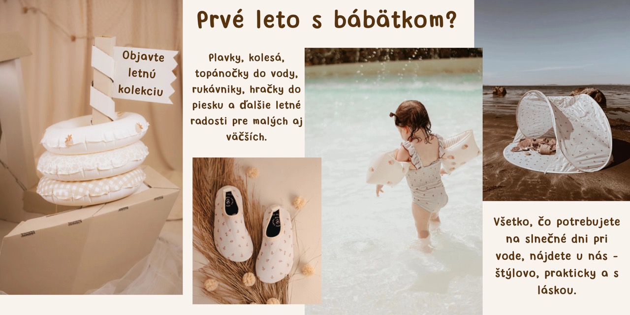 Letný reklamný banner pre detský e-shop Malinkovo zobrazujúci nafukovacie kolesá, plážový stan, topánky do vody a dieťa hrajúce sa pri mori. Vizuál propaguje letnú výbavu pre bábätká a deti – ideálnu na kúpanie, pláž a letné výlety.