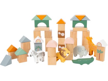 Drevené stavebné kocky Safari s motívmi zvierat poskladané do veží