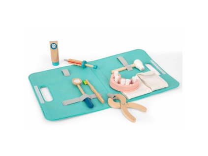 Drevená zubárska súprava pre deti v rozloženej taštičke