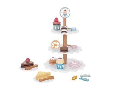 Tooky Toy Servírovací stojan na zákusky Pastel – drevený etažér pre deti  3 poschodia • 18 ks príslušenstva • Rolové hry