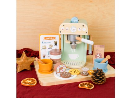 Detský drevený kávovar s príslušenstvom v pastelových farbách