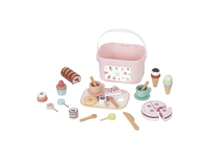 čajový set s dezertami pre deti v ružovom kýbliku