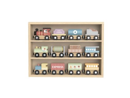 Drevené pastelové vláčiky uložené v drevenom regáli