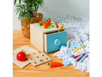 Montessori box 4v1 – drevená vkladačka pre deti  Multifunkčná montessori hračka pre rozvoj motoriky