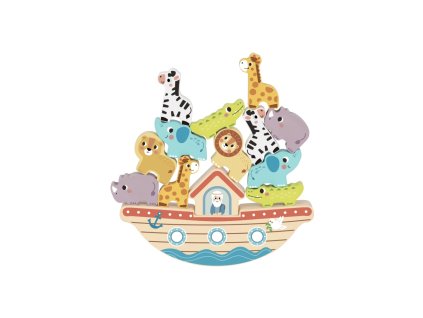 Balančná hračka Noemova archa 2v1 – drevené zvieratká a loď pre deti