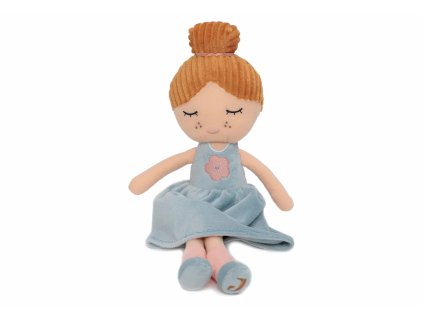 Mäkká textilná bábika Jollein Rose v modrých kvetinových šatách – predný pohľad