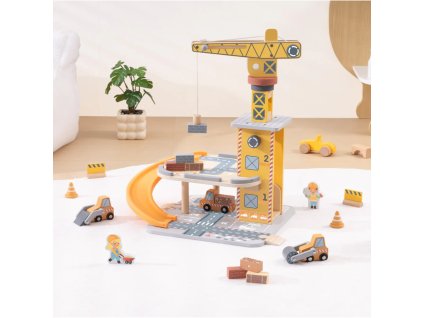 Drevený žeriav Tooky Toy s autíčkami – hra na stavbárov