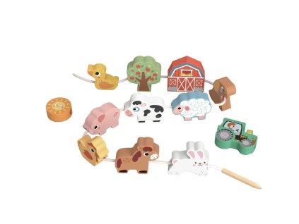Tooky Toy drevené navliekanie Zvieratká Farma Pastel – celý set