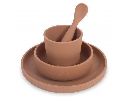 Jollein silikónová obedová súprava pre bábätká v karamelovej farbe – tanier, miska, pohár a lyžička