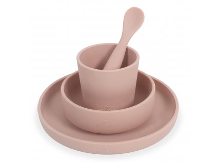Jollein silikónová obedová súprava Pale Pink – tanier, miska, pohár a lyžička pre bábätká