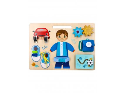 Montessori tabuľka Adamko – motorická doska pre deti s postavičkou, zapínaním a ozubenými kolieskami