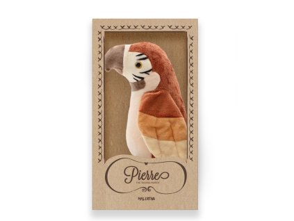 Hovoriaci plyšový papagáj Pierre – Mrs. Ertha v kartónovom balení