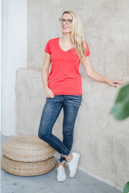 Dámské tričko BASIC "V" červené (Velikost XS)