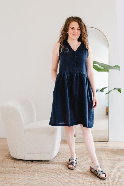 Dámské lněné šaty LINEN bez rukávů modré (Velikost XXL)