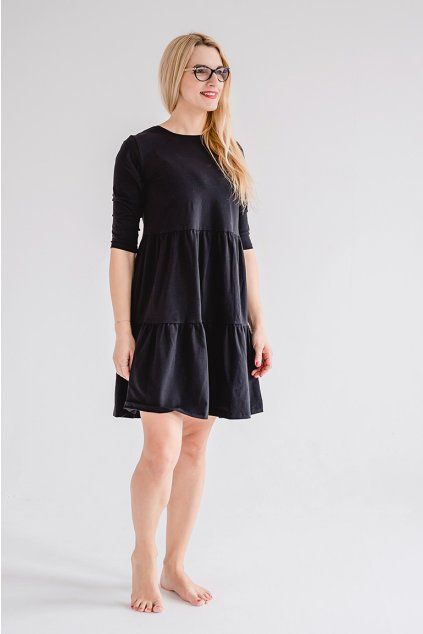 Dámské tričkové šaty s volány a 3/4 rukávem BASIC black (Velikost S)