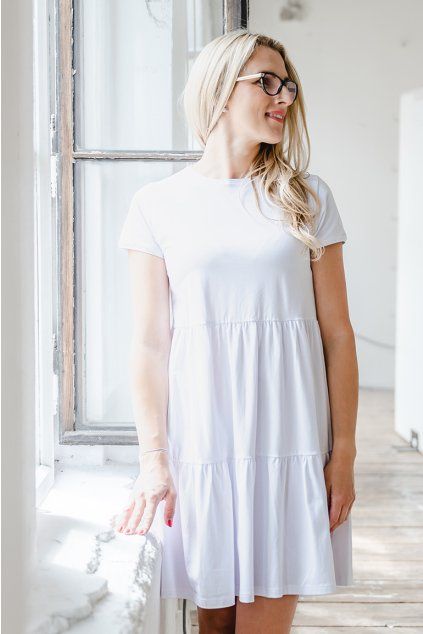 Dámské tričkové šaty s volány BASIC white (Velikost XS)
