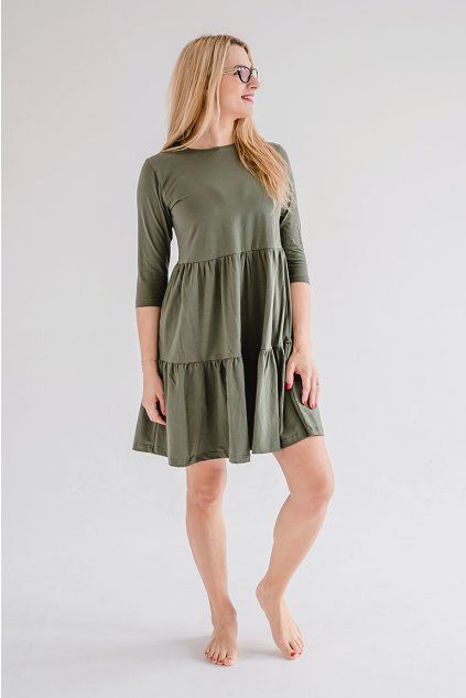 Dámské tričkové šaty s volány a 3/4 rukávem BASIC khaki (Velikost S)