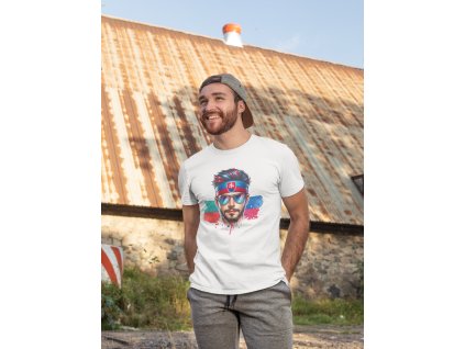 t shirt mockup of a man posing in front of an old structure 28199