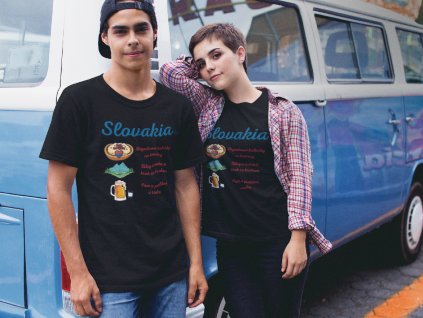 couple wearing different round neck tees mockup against a blue van a16443 (1)