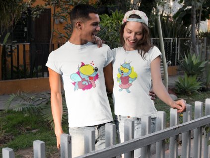 couple wearing different tees mockup walking outdoors a15536