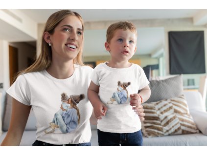 t shirt mockup of a little boy and his mommy in their living room 26369