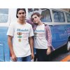 couple wearing different round neck tees mockup against a blue van a16443