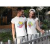 couple wearing different tees mockup walking outdoors a15536