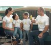 family of four having a reunion at a restaurant while wearing different t shirts mockup a15659