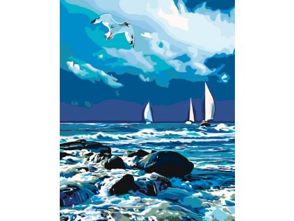 Malování podle čísel - PLACHETNICE NA MOŘI A LETÍCÍ RACEK (Rozměr 60x80 cm, Rámování vypnuté plátno na rám)