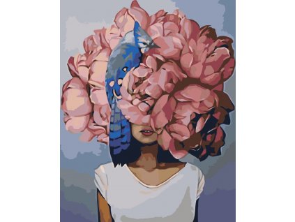 Malování podle čísel - ŽENA S RŮŽOVOU KVĚTINOU A PTÁČKEM (Rozměr 60x80 cm, Rámování vypnuté plátno na rám)