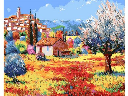 Malování podle čísel - MALÝ DOMEK POD MĚSTEČKEM (Rozměr 60x80 cm, Rámování bez rámu a bez vypnutí plátna)