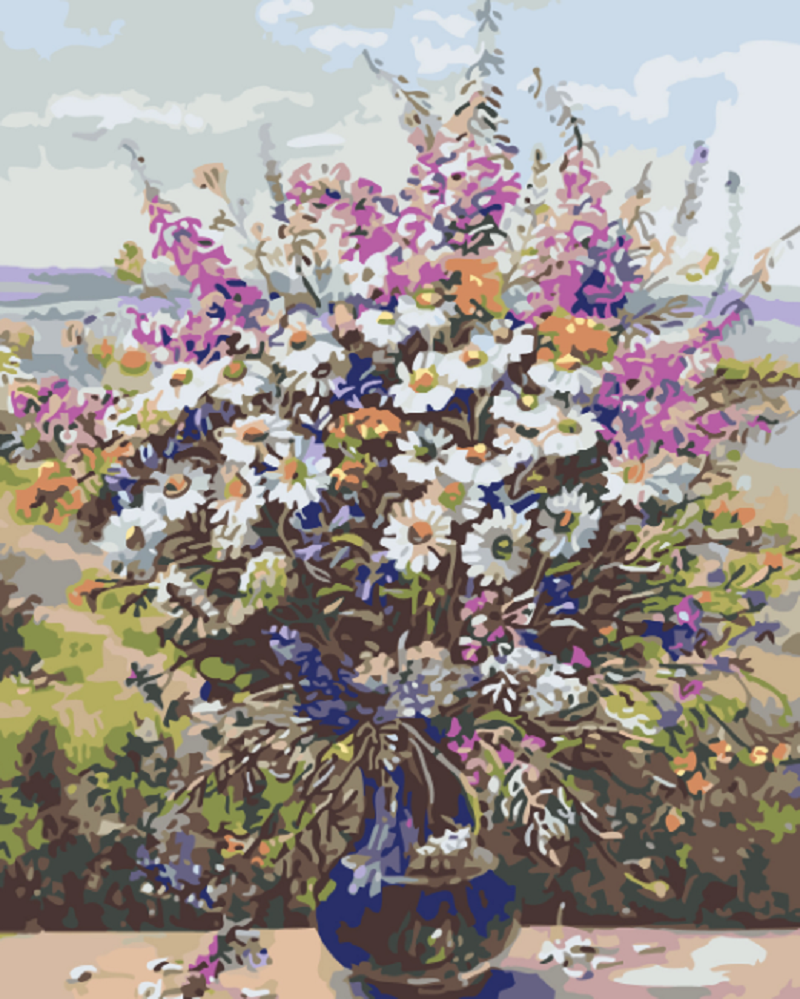 MALUJEŠ Malování podle čísel - LETNÍ KYTICE VE SKLENĚNÉ VÁZE Rozměr: 40x50 cm, Rámování: vypnuté plátno na rám