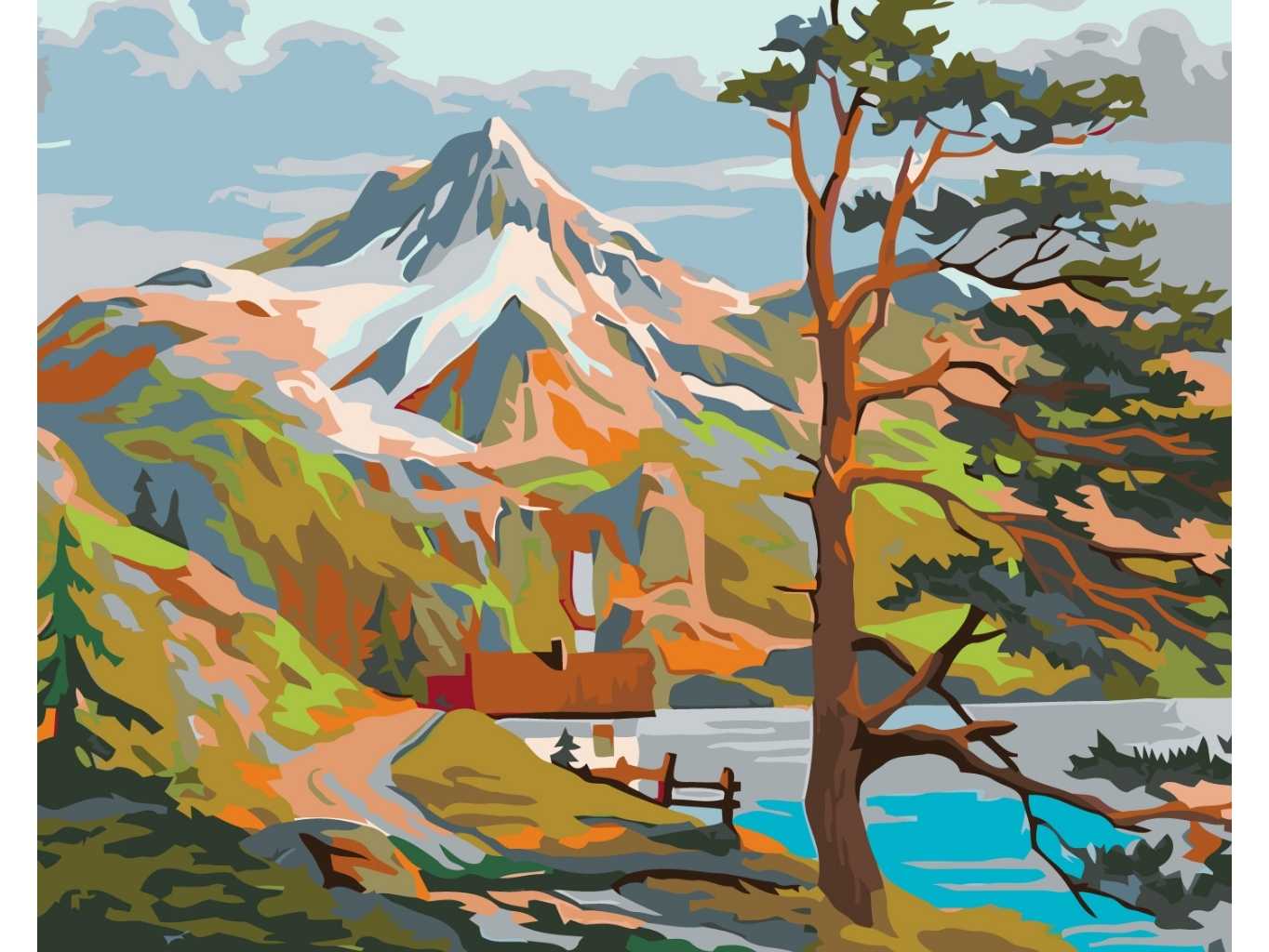 MALUJEŠ Malování podle čísel - DOMEK U JEZERA POD HORAMI Rozměr: 80x100 cm, Rámování: bez rámu a bez vypnutí plátna
