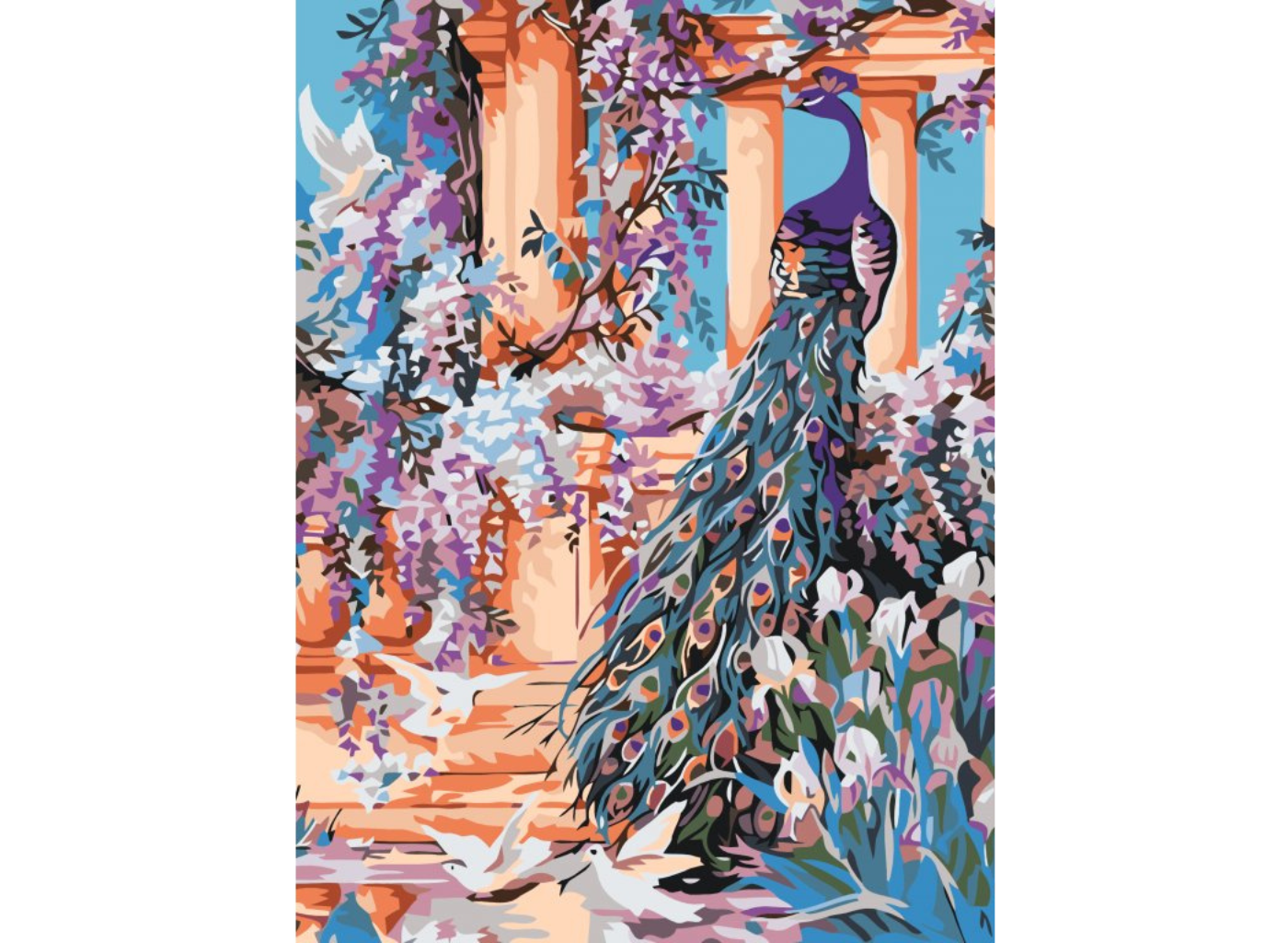 MALUJEŠ Malování podle čísel - PÁV V ROZKVETLÉ ZAHRADĚ Rozměr: 80x100 cm, Rámování: bez rámu a bez vypnutí plátna