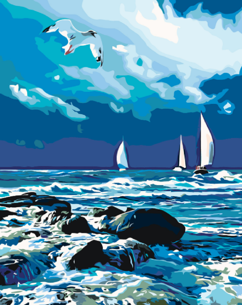 MALUJEŠ Malování podle čísel - PLACHETNICE NA MOŘI A LETÍCÍ RACEK Rozměr: 30x40 cm, Rámování: vypnuté plátno na rám