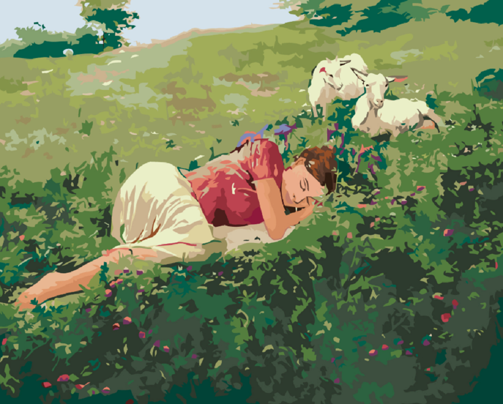 MALUJEŠ Malování podle čísel - SPÍCÍ ŽENA V TRÁVĚ A KŮZLATA Rozměr: 80x100 cm, Rámování: vypnuté plátno na rám
