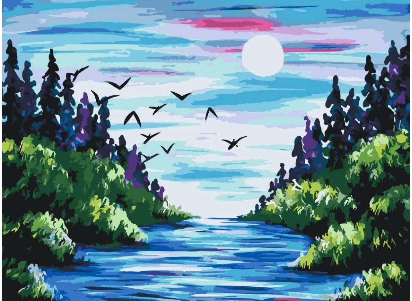 MALUJEŠ Malování podle čísel - MĚSÍC NAD ŘEKOU Rozměr: 30 x 40 cm, Rámování: bez rámu a bez vypnutí plátna
