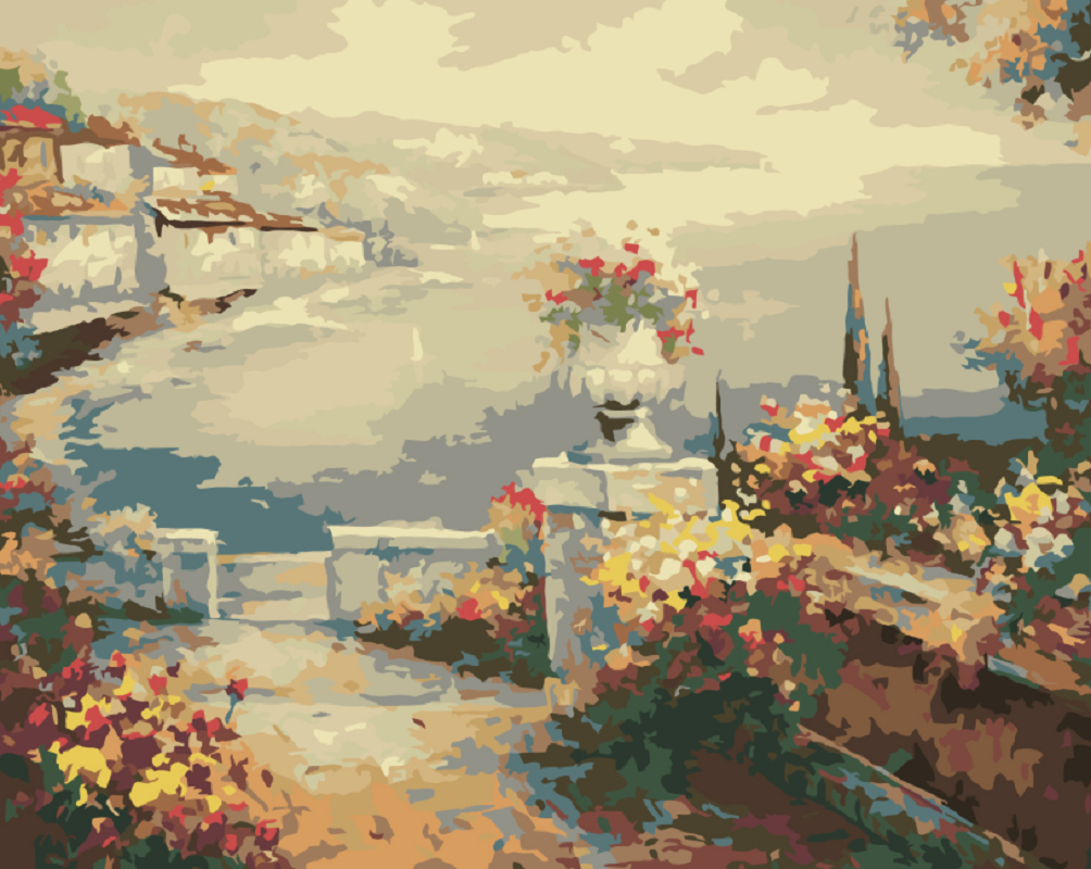 MALUJEŠ Malování podle čísel - KVĚTINOVÁ TERASA NAD MOŘEM Rozměr: 40x50 cm, Rámování: vypnuté plátno na rám