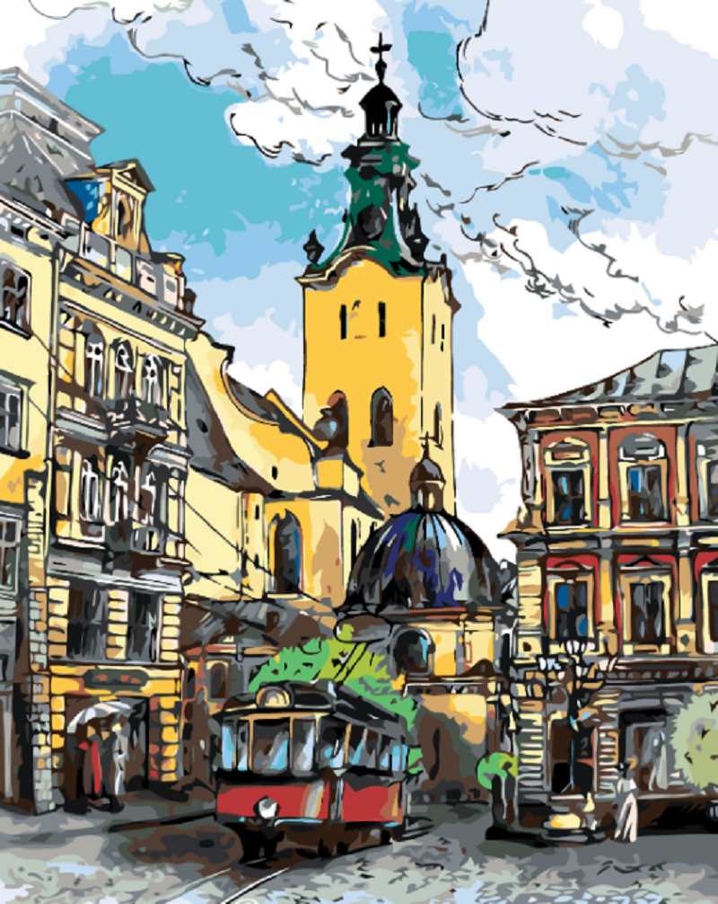 MALUJEŠ Malování podle čísel - TRAMVAJ NA NÁMĚSTÍ Rozměr: 60x80 cm, Rámování: vypnuté plátno na rám