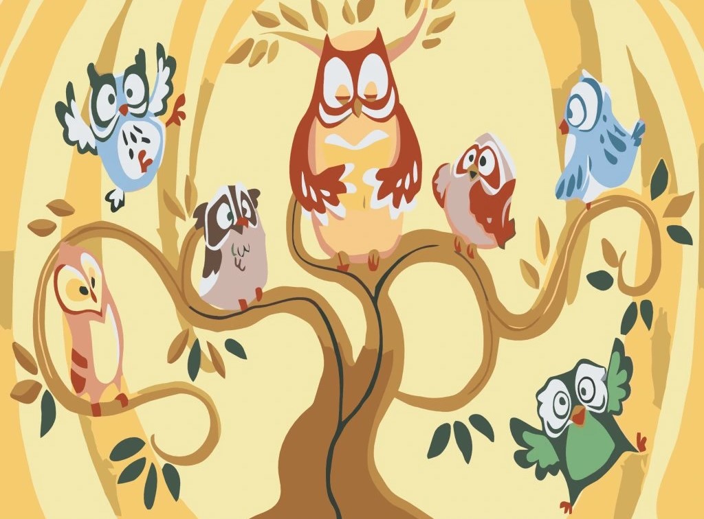 MALUJEŠ Malování podle čísel - SEDM BAREVNÝCH SOVIČEK Rozměr: 60 x 80 cm, Rámování: bez rámu a bez vypnutí plátna