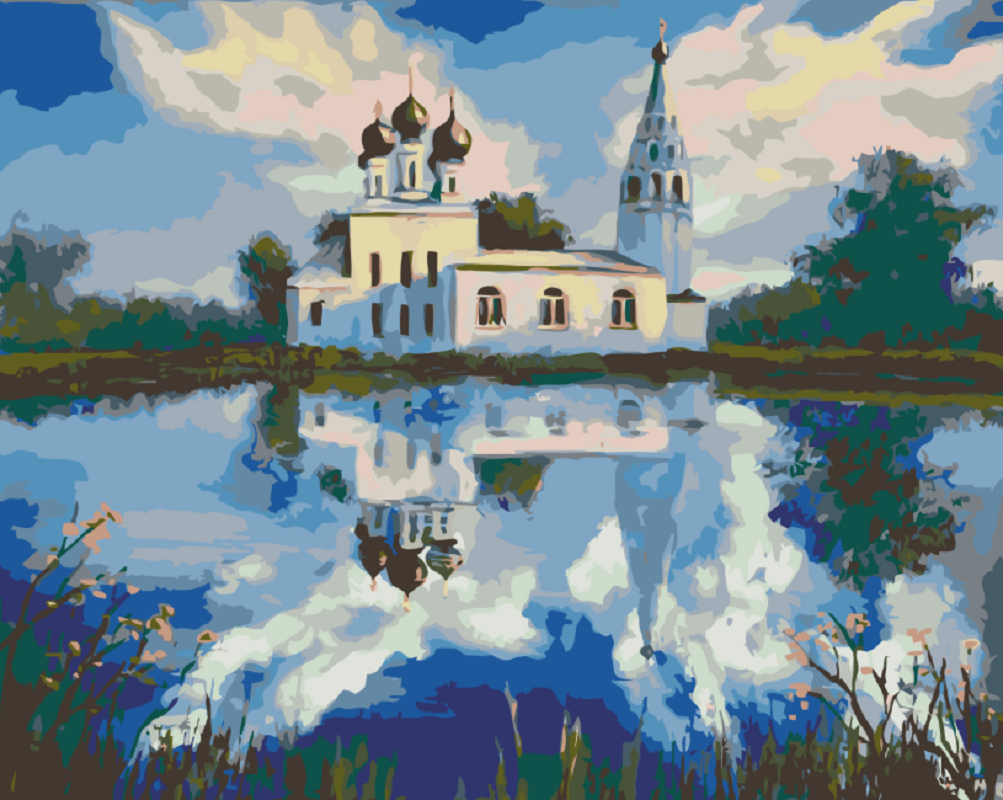 MALUJEŠ Malování podle čísel - KOSTELÍK U RYBNÍKA Rozměr: 40x50 cm, Rámování: bez rámu a bez vypnutí plátna