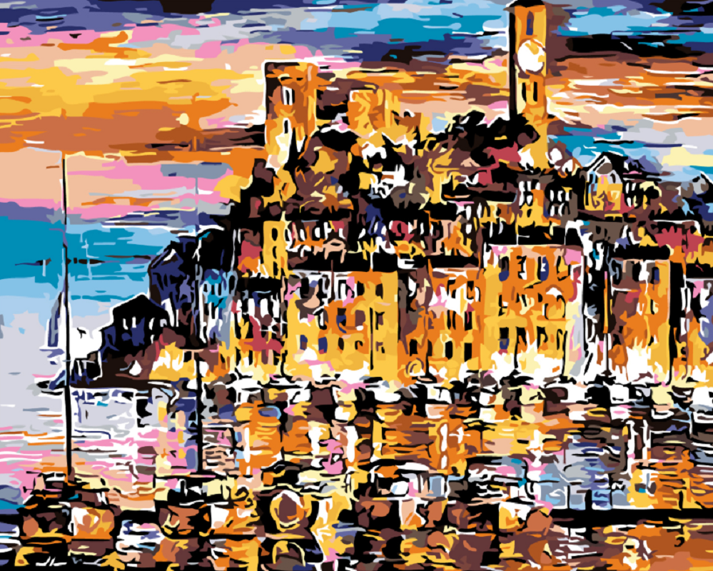 MALUJEŠ Malování podle čísel - MĚSTEČKO NAD MOŘEM Rozměr: 80x100 cm, Rámování: bez rámu a bez vypnutí plátna